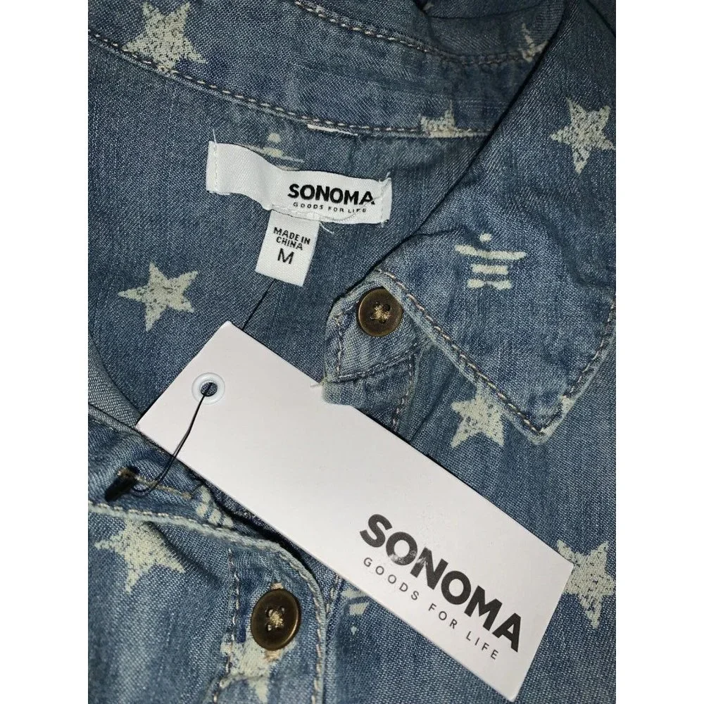 NWT SONOMA Goods For Life Sz MEDIUM Shirt Dress Chambray Denim Stars Pockets - Picture 9 of 12